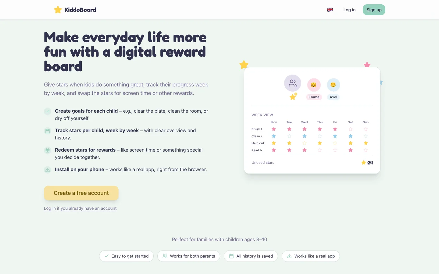 The KiddoBoard website with a weekly star chart for two children