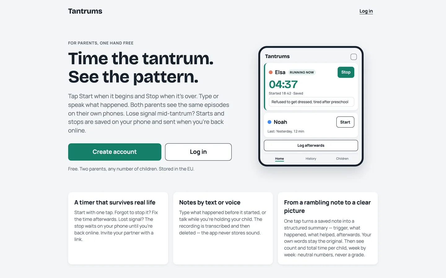 The Tantrums website with a running tantrum timer on a phone